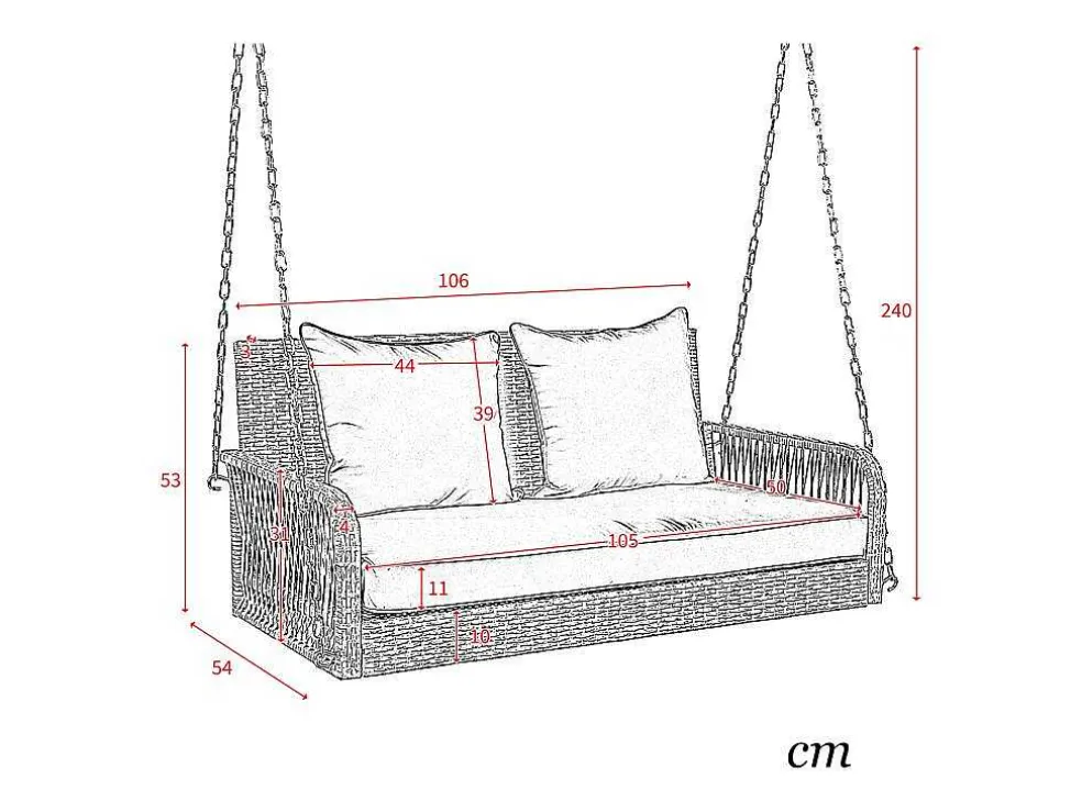 114 Cm Hangstoel In Pe Rotan - 2 Plaatsen - 11 Cm Gecapitonneerd Zitkussen - Beige + Grijs
