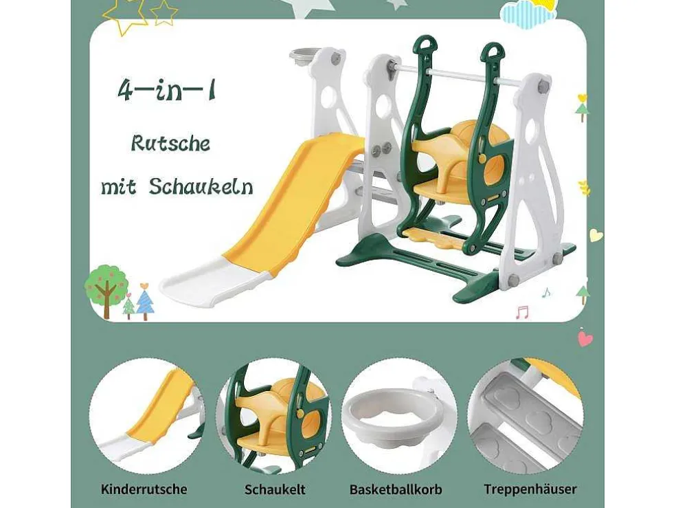 4 In 1 Glijbaan - Met Trap, Schommel, Basketbalring - Groen