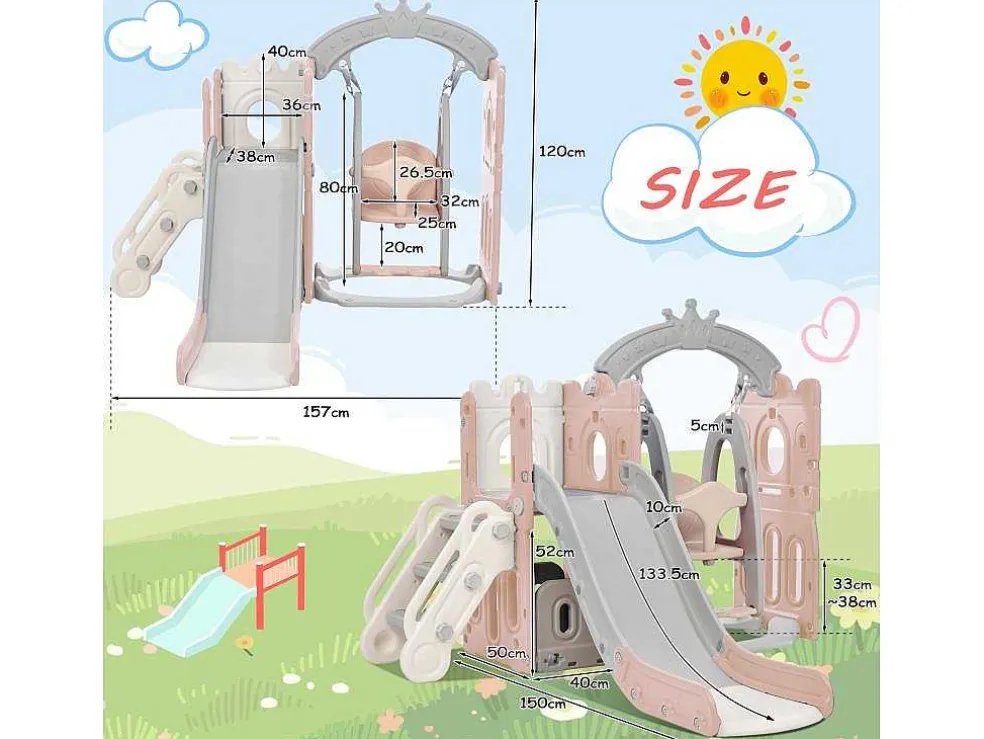 5 In 1 Glijbaan - Met Trap, Schommel, Opbergruimte, Basketbalring - Roze