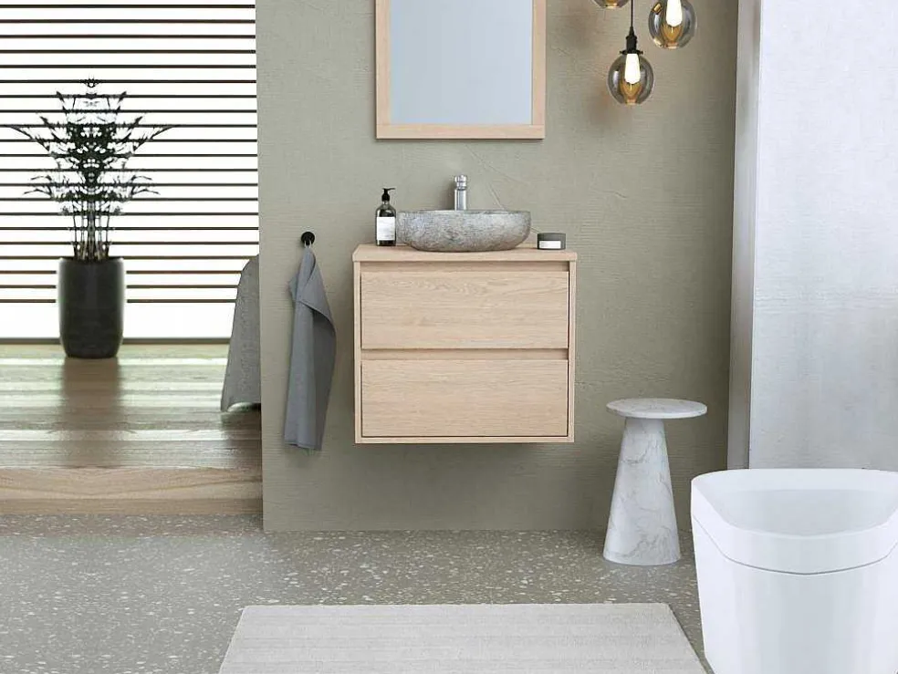 Badkamermeubel Met Opzetwastafel Van Steen Met Spiegel - Eikenfineer - 60 Cm - Milipam