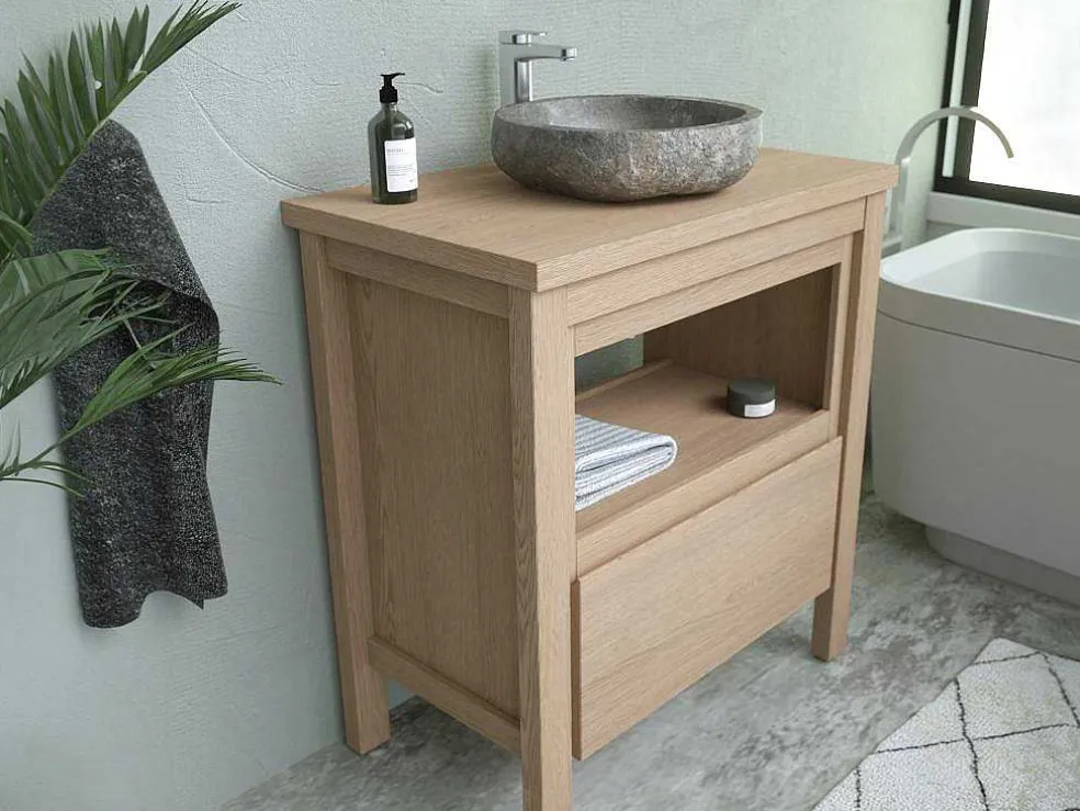 Badkamermeubel Met Wastafel Van Steen - Eiken Fineer - 80 Cm - Cosmoti