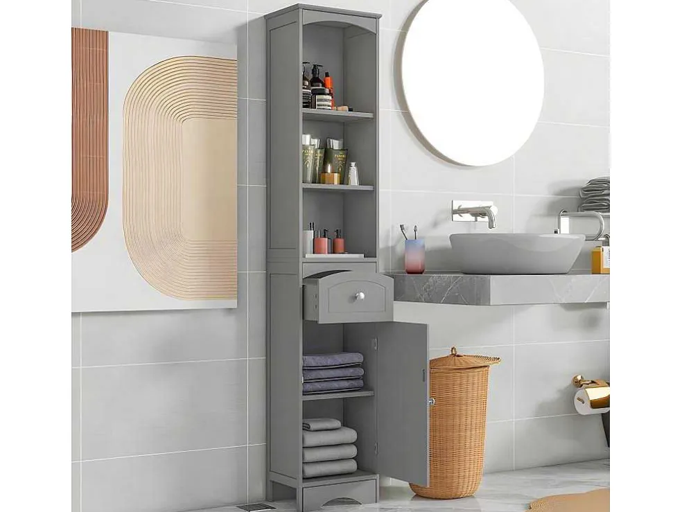 Badkamerzuil - H 170 Cm - Met 1 Lade En Verstelbare Planken - Grijs