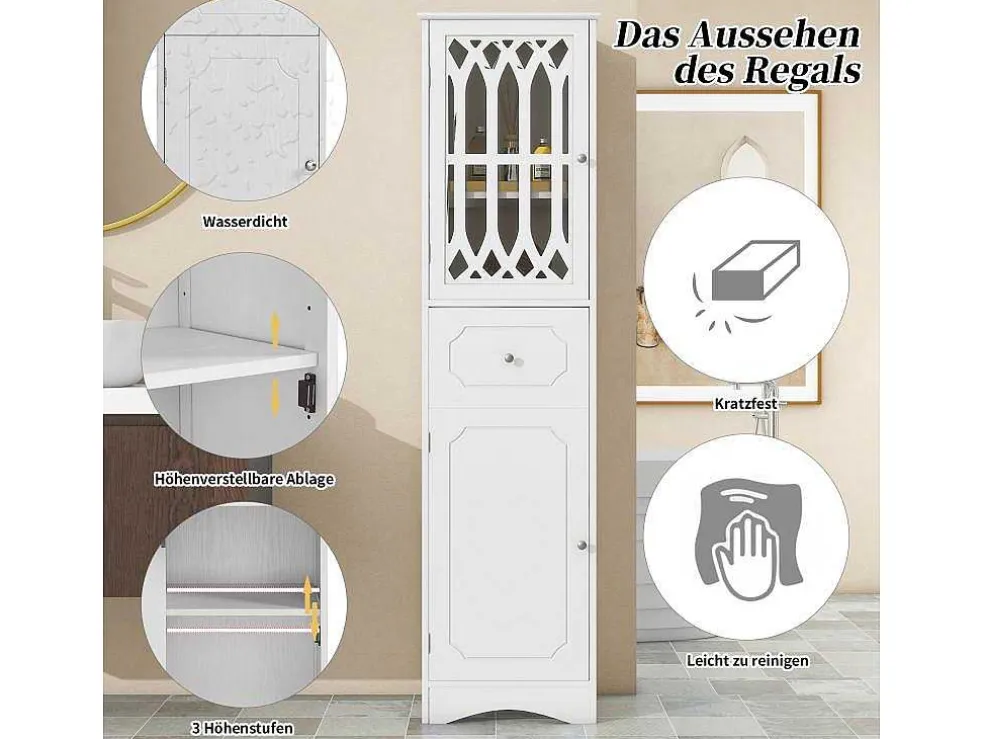 Badkamerzuil Met 2 Deuren En 1 Lade - Verstelbare Planken - Wit - 42 X 36 X 162,5 Cm