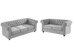 Bankstel Chesterfield - Fluweel - Lichtgrijs