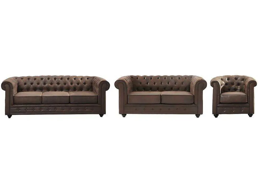Bankstel En Fauteuil Chesterfield Van Microvezel Met Vintage Look