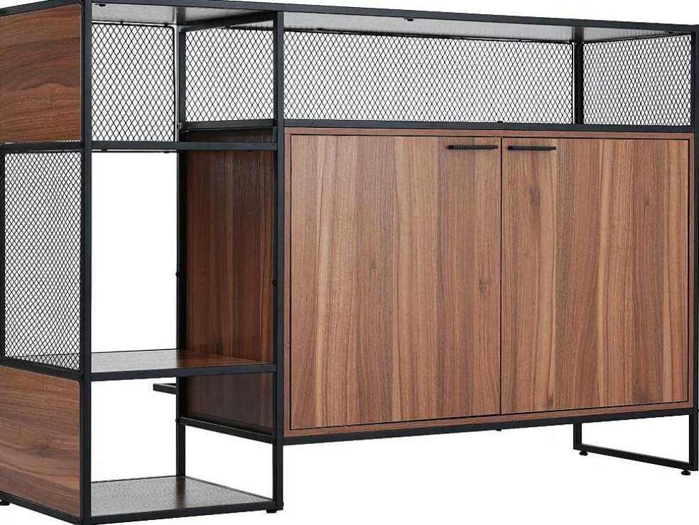 Barmeubel, Laag Dressoir - 2 Deuren En 4 Nissen - Mdf - Industriele Stijl - Kleuren: Bruin En Zwart