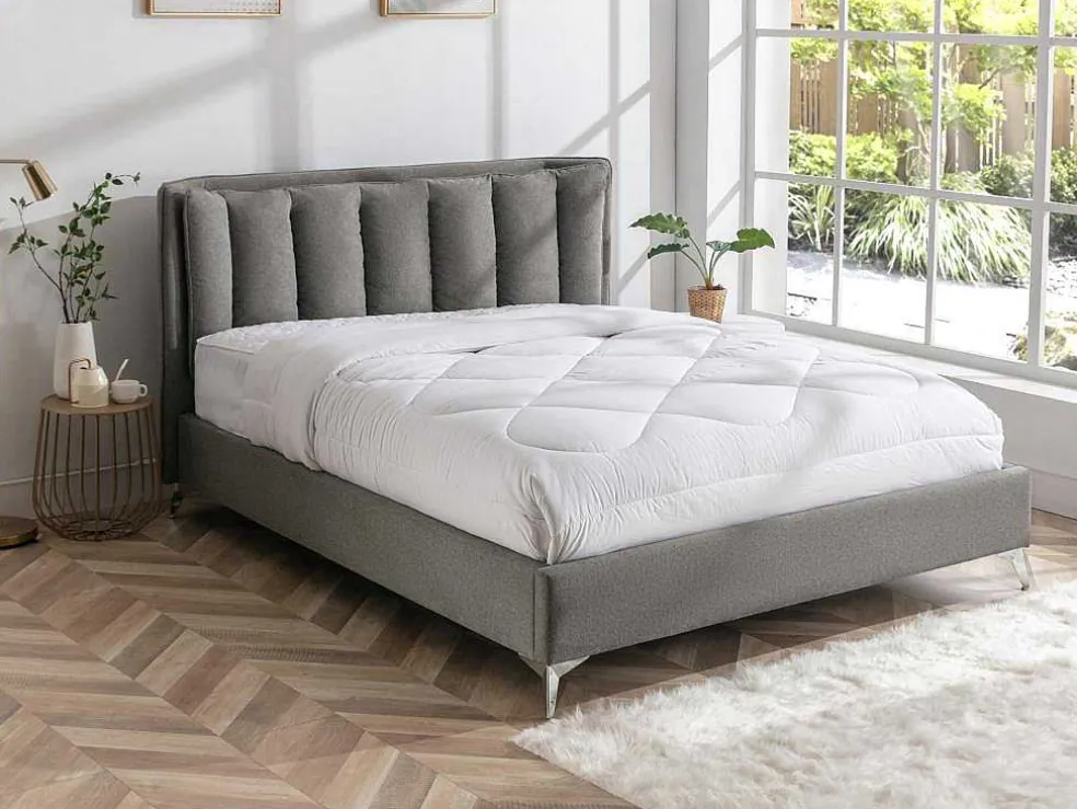 Bed 160 X 200 Cm Met Gewatteerd Hoofdbord - Stof - Grijs - Funiti