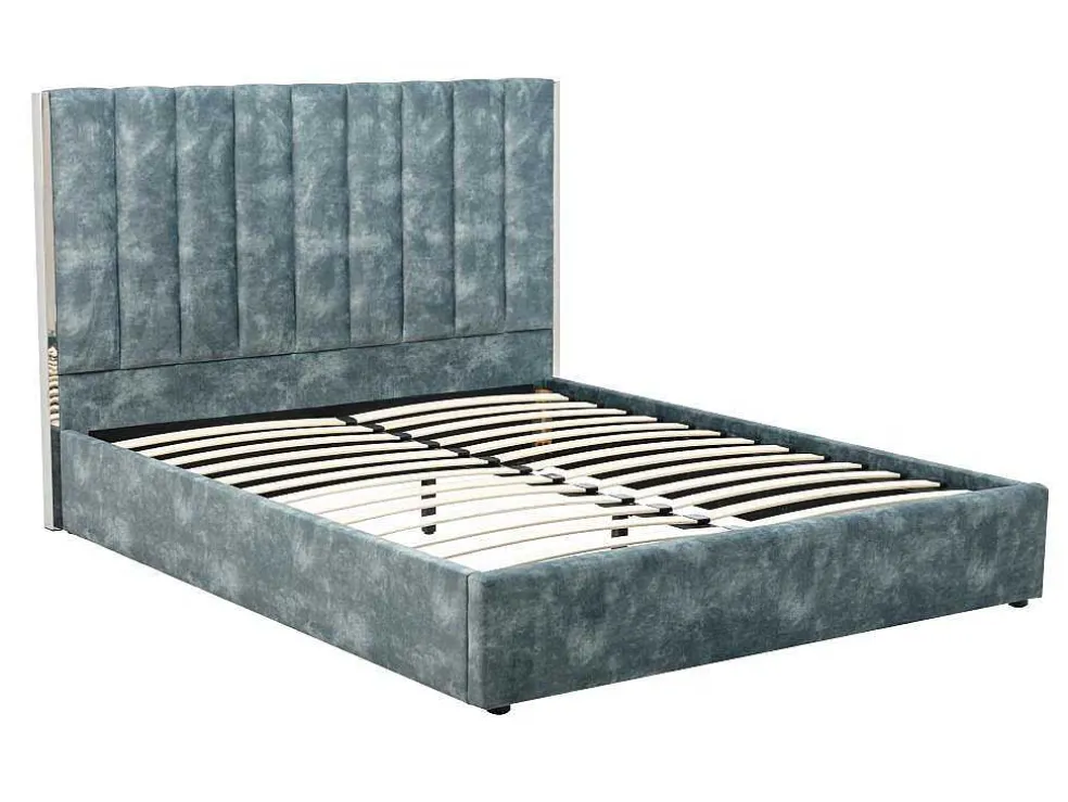 Bed 140 X 190 Cm Met Hoofdbord Met Verticale Stiksels - Velours - Groenblauw - Feroya