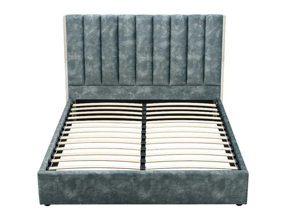 Bed 160 X 200 Cm Met Hoofdbord Met Verticale Stiksels - Velours - Groenblauw - Feroya