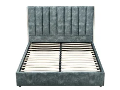 Bed 140 X 190 Cm Met Hoofdbord Met Verticale Stiksels - Velours - Groenblauw + Matras - Feroya