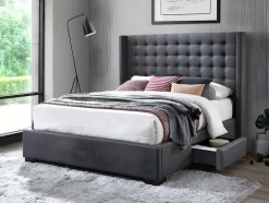 Bed Gewatteerd Hoofdbord - Met Laden - 160 X 200 Cm - Stof Grijs - Leonce