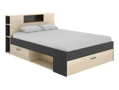 Bed Leandre Met Hoofdeinde, Opbergruimte En Lades - 160 X 200 Cm - Kleur: Eiken En Antraciet