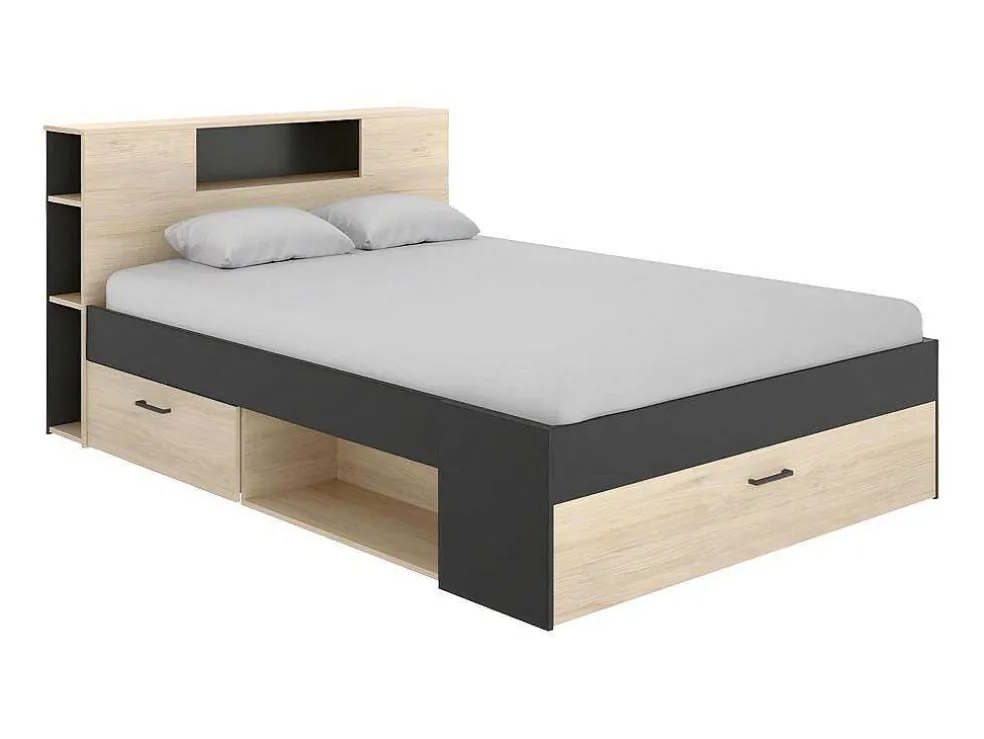 Bed Leandre Met Hoofdeinde, Opbergruimte En Lades - 160 X 200 Cm - Kleur: Eiken En Antraciet