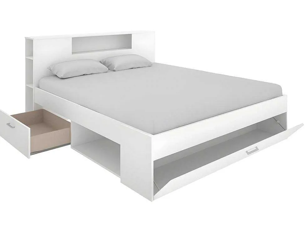 Bed Leandre Met Hoofdeinde, Opbergruimte En Lades - 160 X 200 Cm - Kleur: Wit