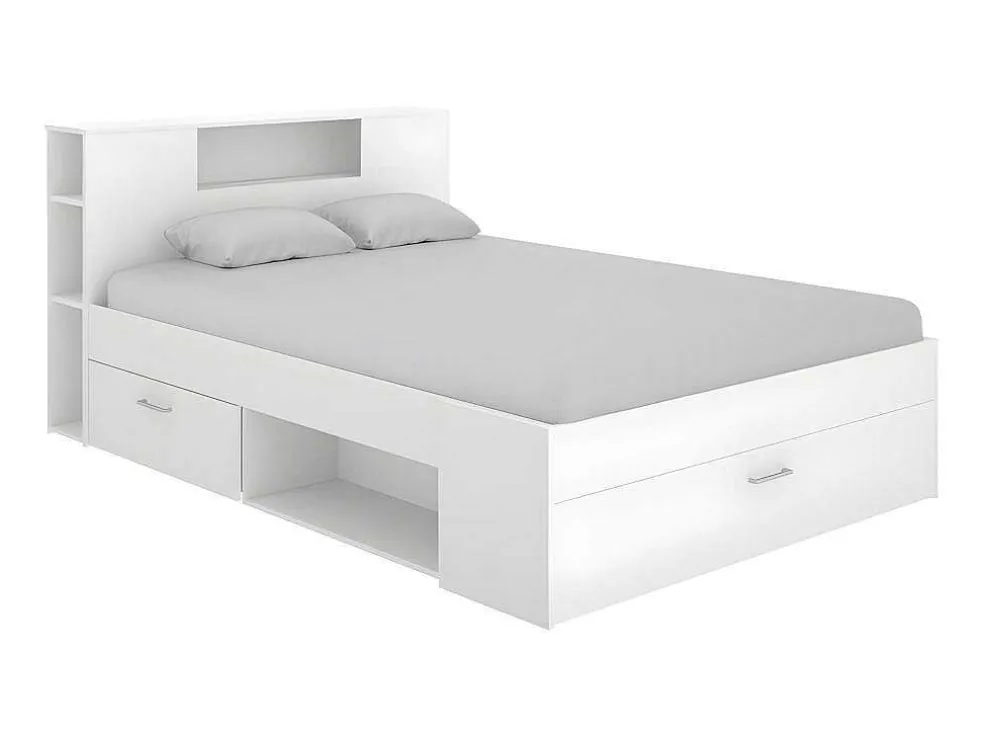 Bed Leandre Met Hoofdeinde, Opbergruimte En Lades - 140 X 190 Cm - Kleur: Wit