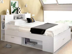 Bed Met Hoofdeinde Met Opbergruimte En Lades - 140 X 190 Cm - Kleur: Wit + Bedbodem + Matras - Leandre