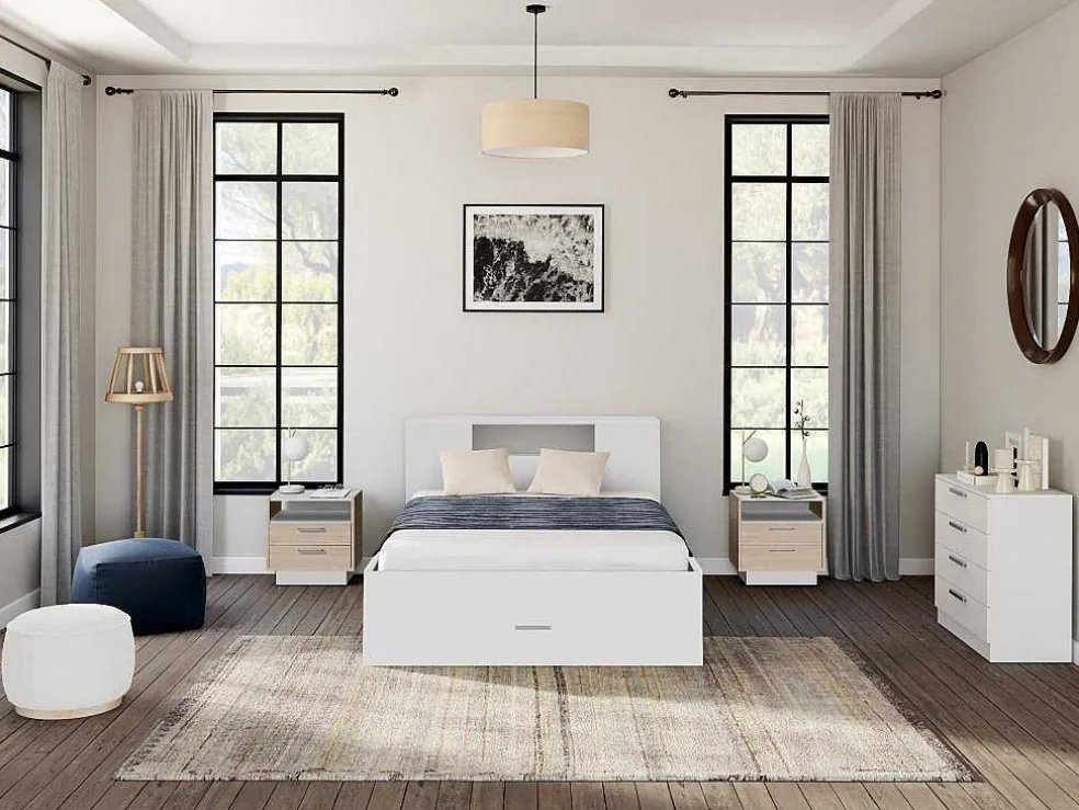 Bed Met Hoofdeinde Met Opbergruimte En Lades - 140 X 190 Cm - Kleur: Wit + Bedbodem + Matras - Leandre