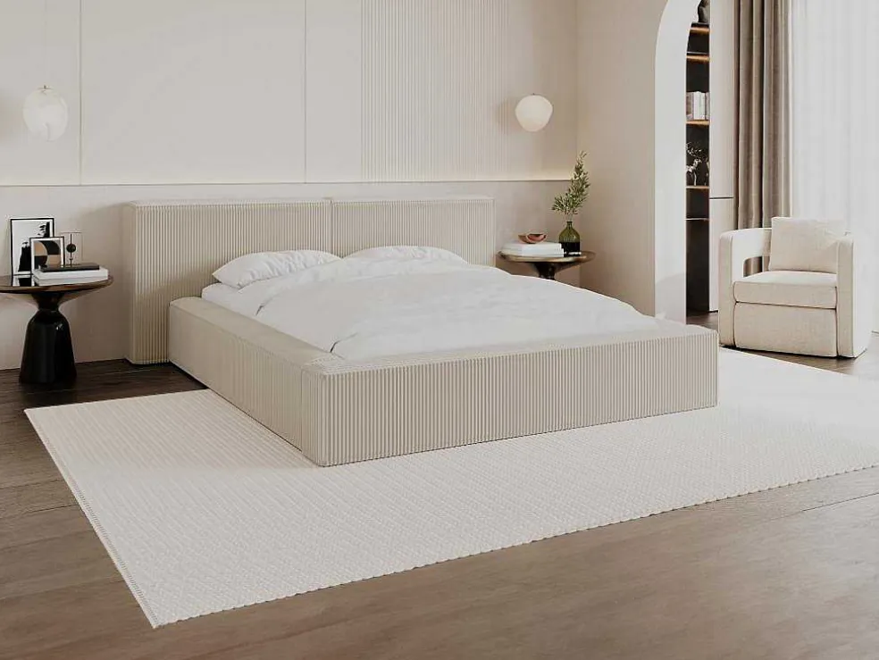 Bed Met Opbergruimte 160 X 200 Cm - Ribfluweel - Beige + Matras - Timano