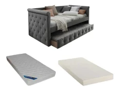 Bed Met Slaaplade Louise - 2 X 90 X 190 Cm - Grijze Stof + Matras