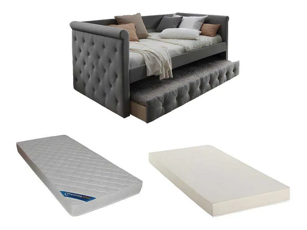 Bed Met Slaaplade Louise - 2 X 90 X 190 Cm - Grijze Stof + Matras