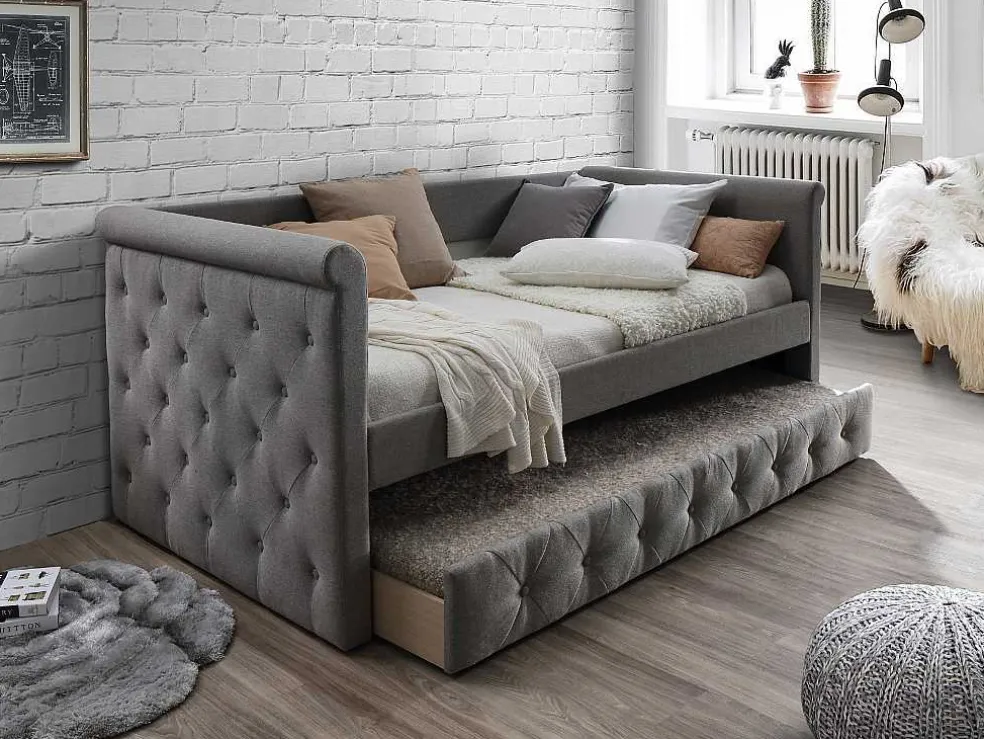 Bed Met Slaaplade Louise - 2 X 90 X 190 Cm - Grijze Stof + Matras
