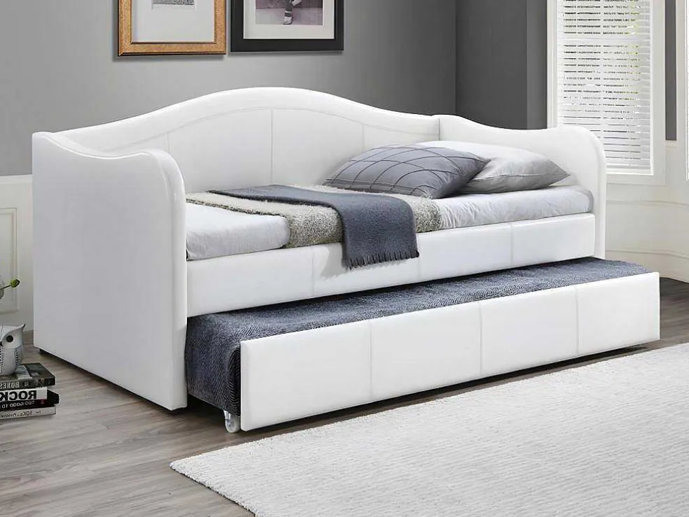 Bedbank Met Uitschuifbed Mathilde - 2 X 90 X 190Cm - Kunstleer - Wit