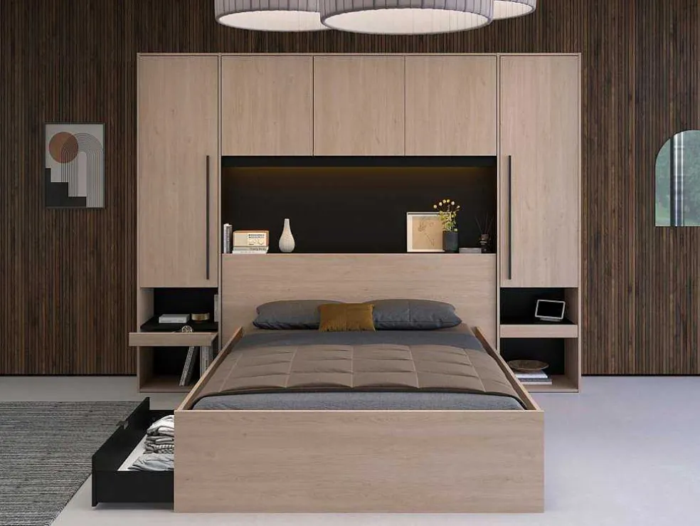 Bedkast Met Opbergruimte - Met Ledverlichting - L265 Cm - Kleur: Naturel En Zwart - Velona