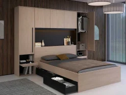 Bedkast Met Opbergruimte - Met Ledverlichting - L265 Cm - Kleur: Naturel En Zwart - Velona