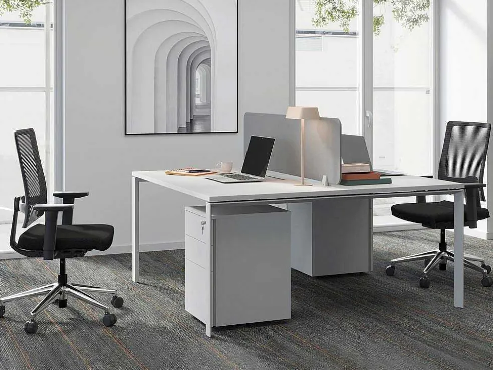 Benchbureau Voor 2 Personen - Wit - L140 Cm - Met Afscheiding - Downtown