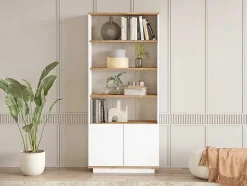 Boekenkast Met 2 Deuren En 4 Nissen - Licht Naturel En Wit - Lotula