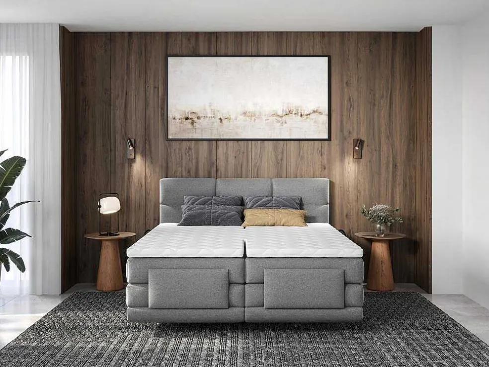 Boxspring-Hoofdbord + Elektrische Lattenbodem + Matras + Opleg - 2 X 90 X 200 Cm - Lichtgrijs - Lodi Van Palacio