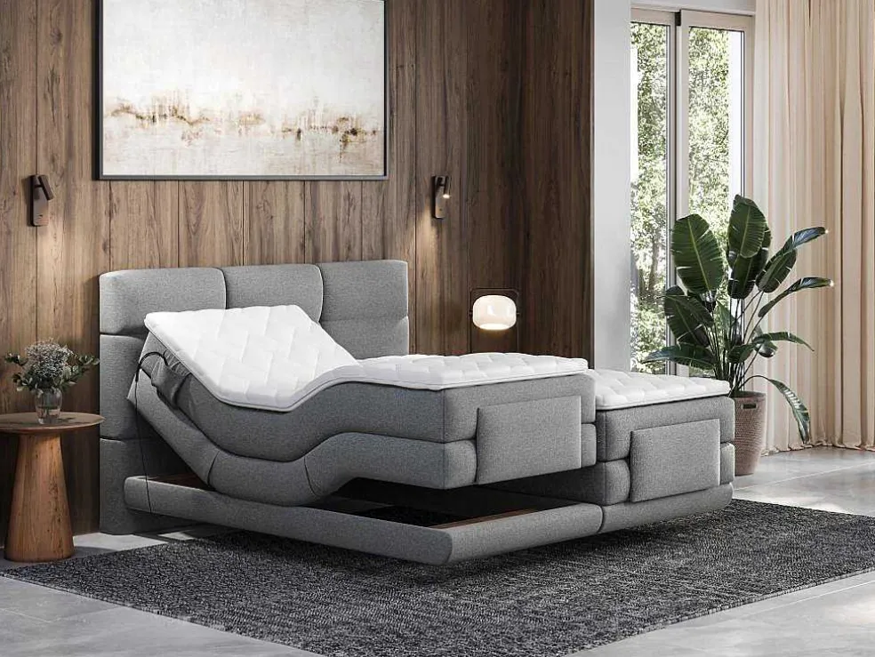 Boxspring-Hoofdbord + Elektrische Lattenbodem + Matras + Opleg - 2 X 90 X 200 Cm - Lichtgrijs - Lodi Van Palacio