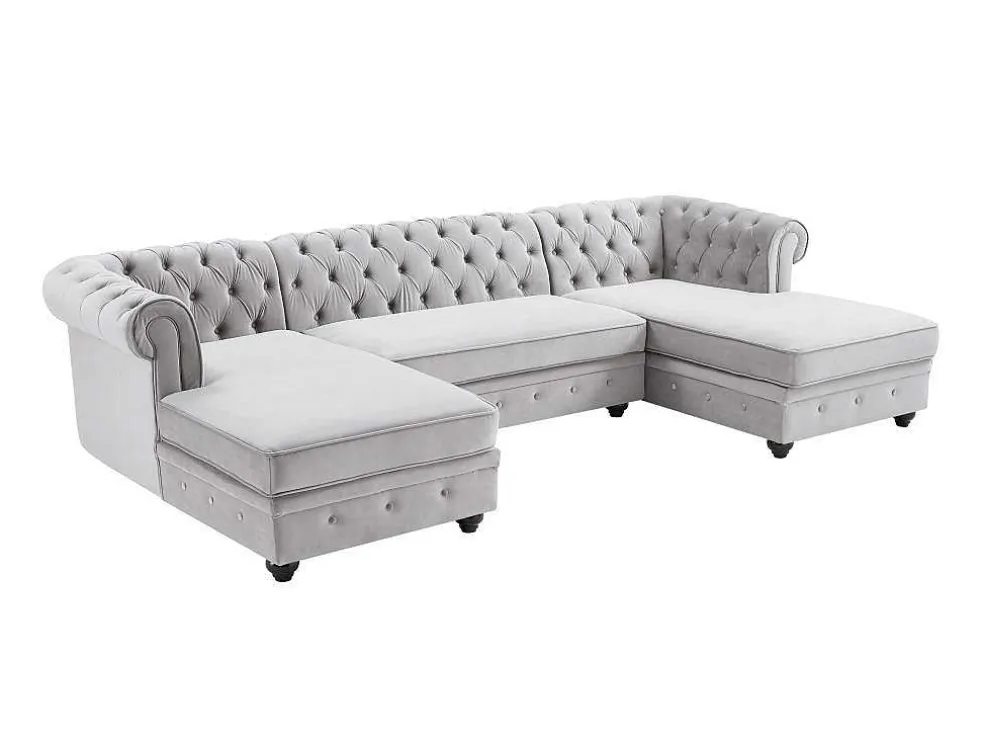 Brede Hoekbank Van Lichtgrijs Velours Chesterfield