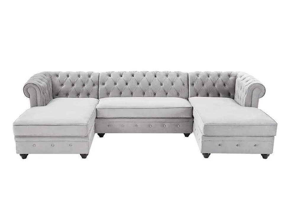 Brede Hoekbank Van Lichtgrijs Velours Chesterfield
