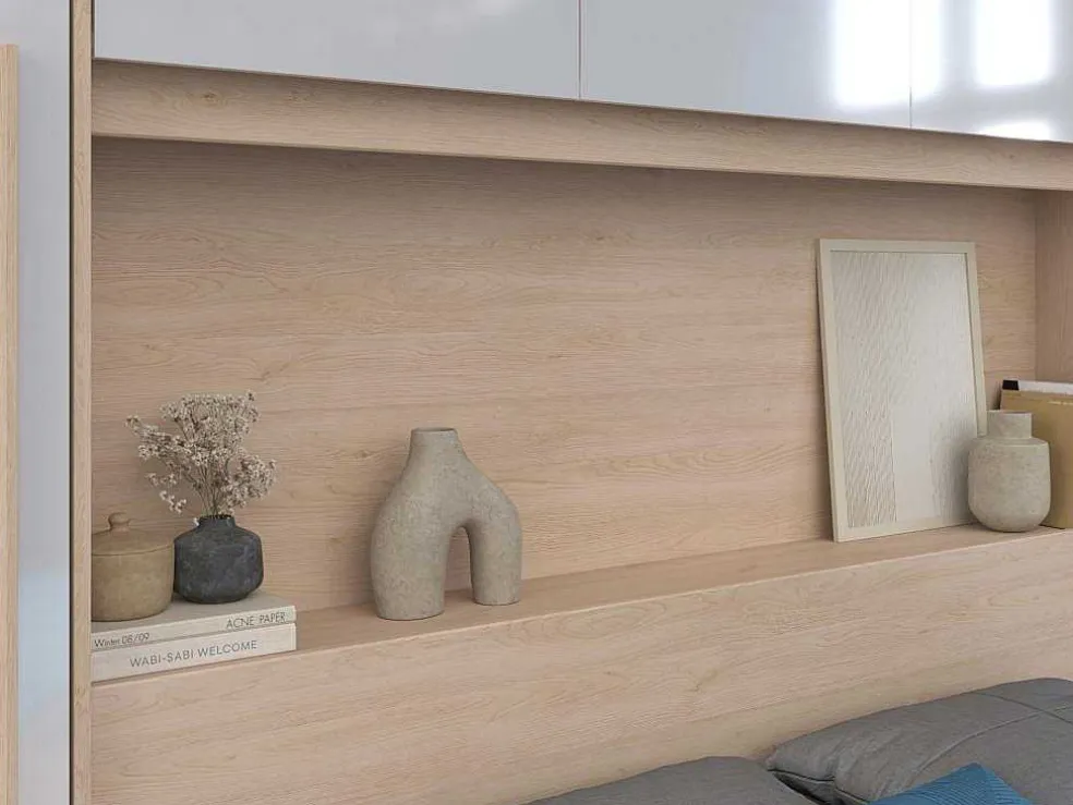 Brugkast Met Opbergruimte - Met Ledverlichting - L265 Cm - Kleuren: Glanzend Wit En Houtlook - Velona