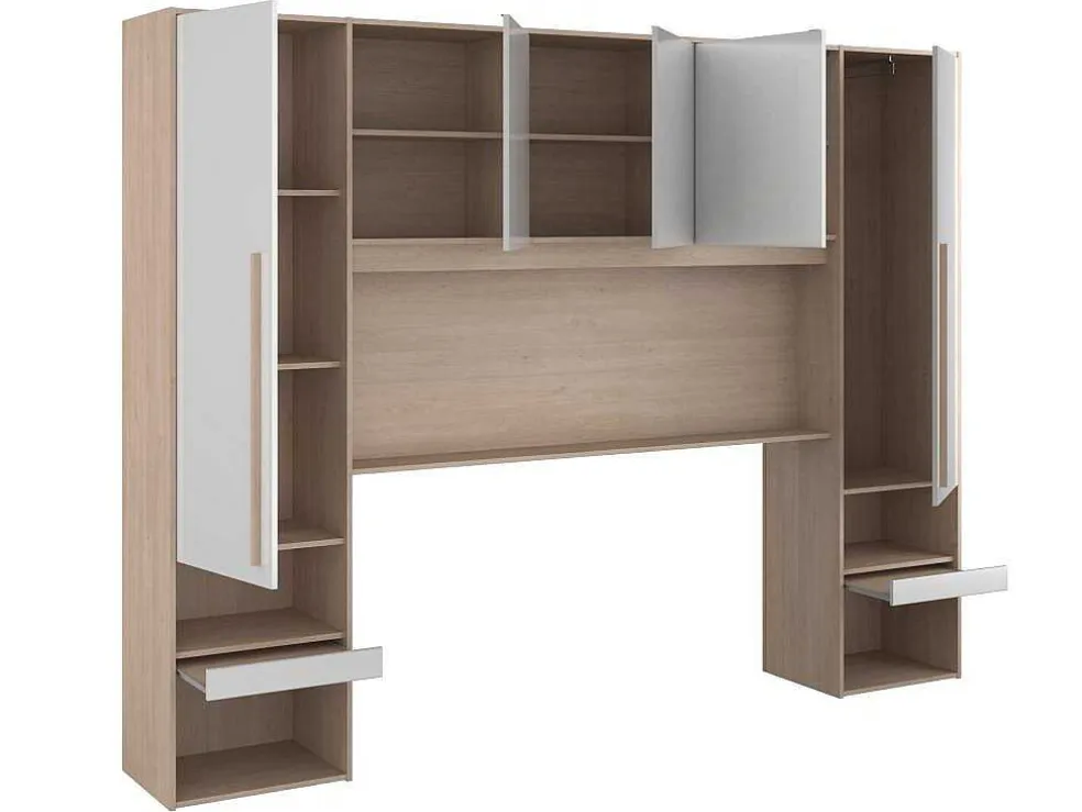 Brugkast Met Opbergruimte - Met Ledverlichting - L265 Cm - Kleuren: Glanzend Wit En Houtlook - Velona