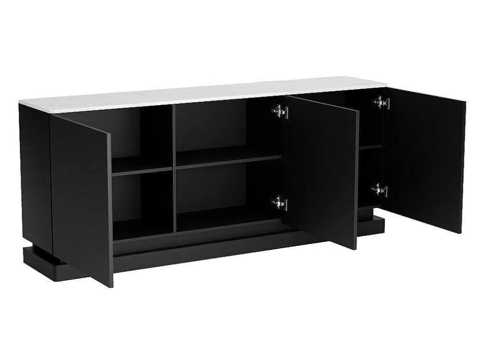 Buffetkast Met 3 Deuren En Ledverlichting Van Mdf - Zwart Met Wit Marmereffect - Devika Van Pascal Morabito