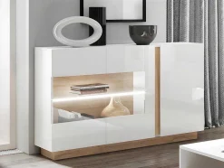 Buffetkast Murari - 3 Deuren - Met Ledverlichting - Hoogglans Wit En Eiken