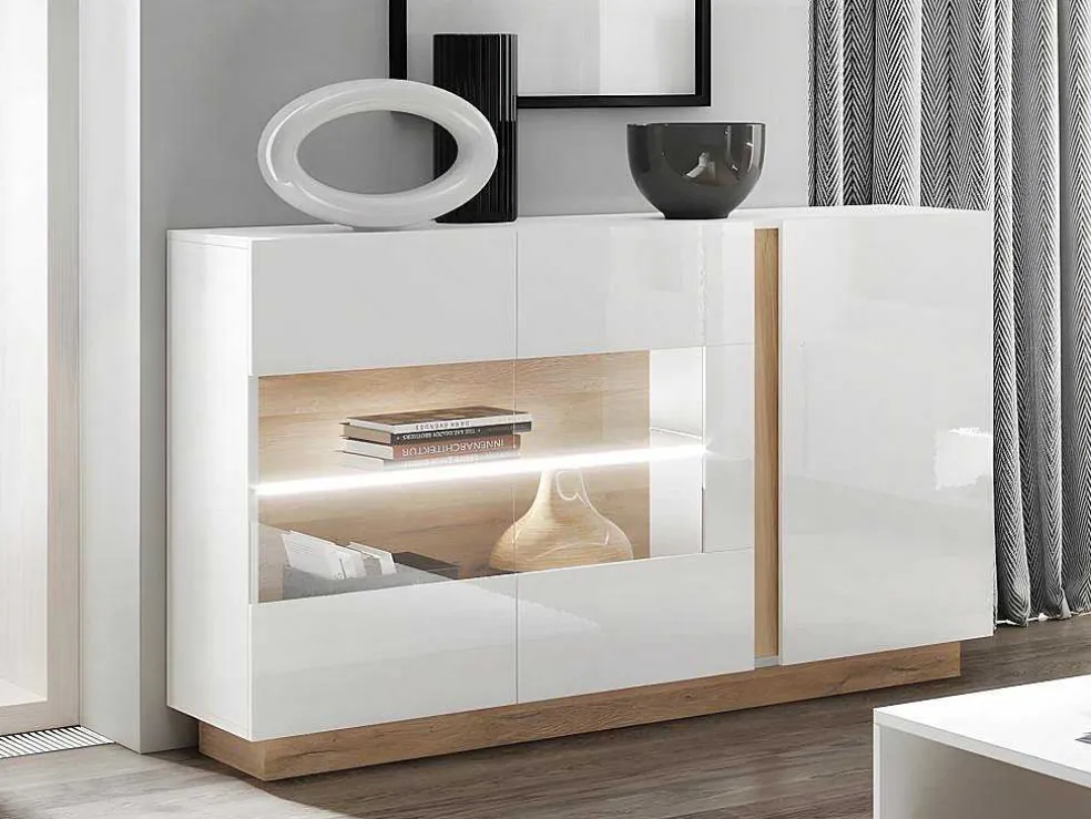 Buffetkast Murari - 3 Deuren - Met Ledverlichting - Hoogglans Wit En Eiken