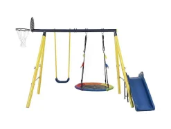 Buitenspellen Metalen Frame - 2 In Hoogte Verstelbare Schommels, Basketbalring En Glijbaan - Geschikt Voor Kinderen Vanaf 3 Jaar - Geel