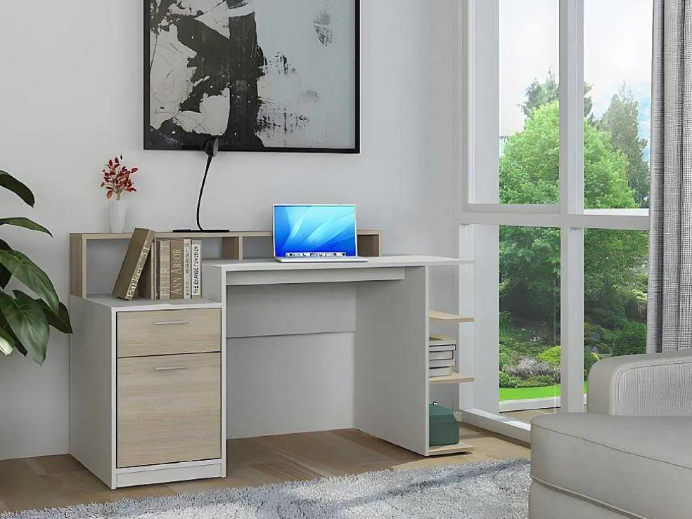 Bureau Met Opbergruimte Zacharie - Wit En Eik
