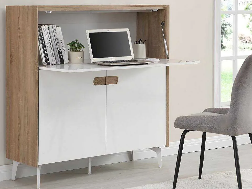 Bureaukast Met 3 Deuren - Mdf En Metaal - Naturel En Wit - Derelis