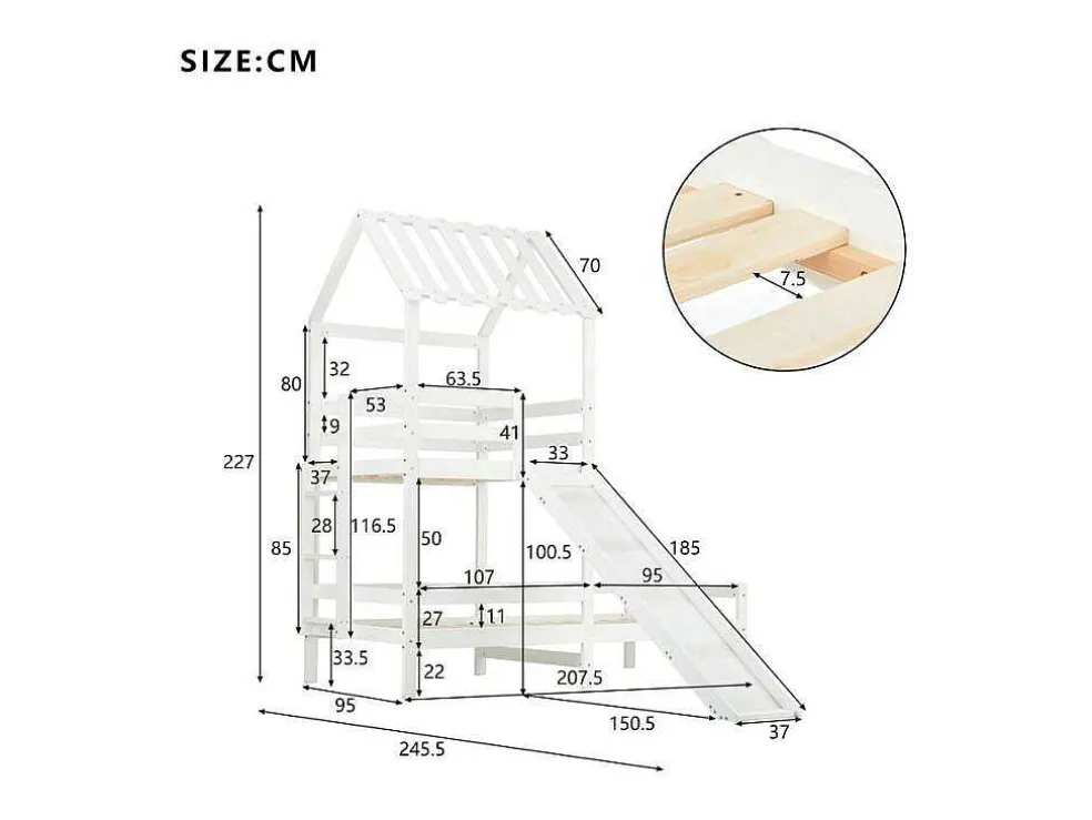 Cabine Stapelbed Met Glijbaan - 90X200Cm + 90X100Cm - Massief Grenen - Wit