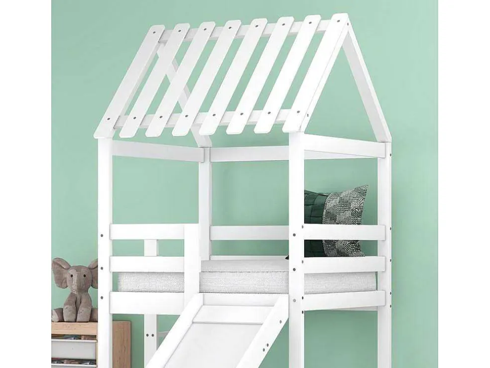 Cabine Stapelbed Met Glijbaan - 90X200Cm + 90X100Cm - Massief Grenen - Wit