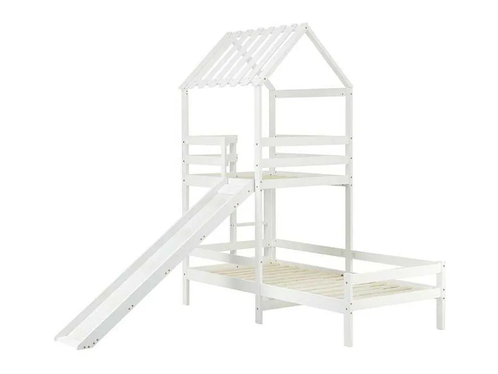 Cabine Stapelbed Met Glijbaan - 90X200Cm + 90X100Cm - Massief Grenen - Wit