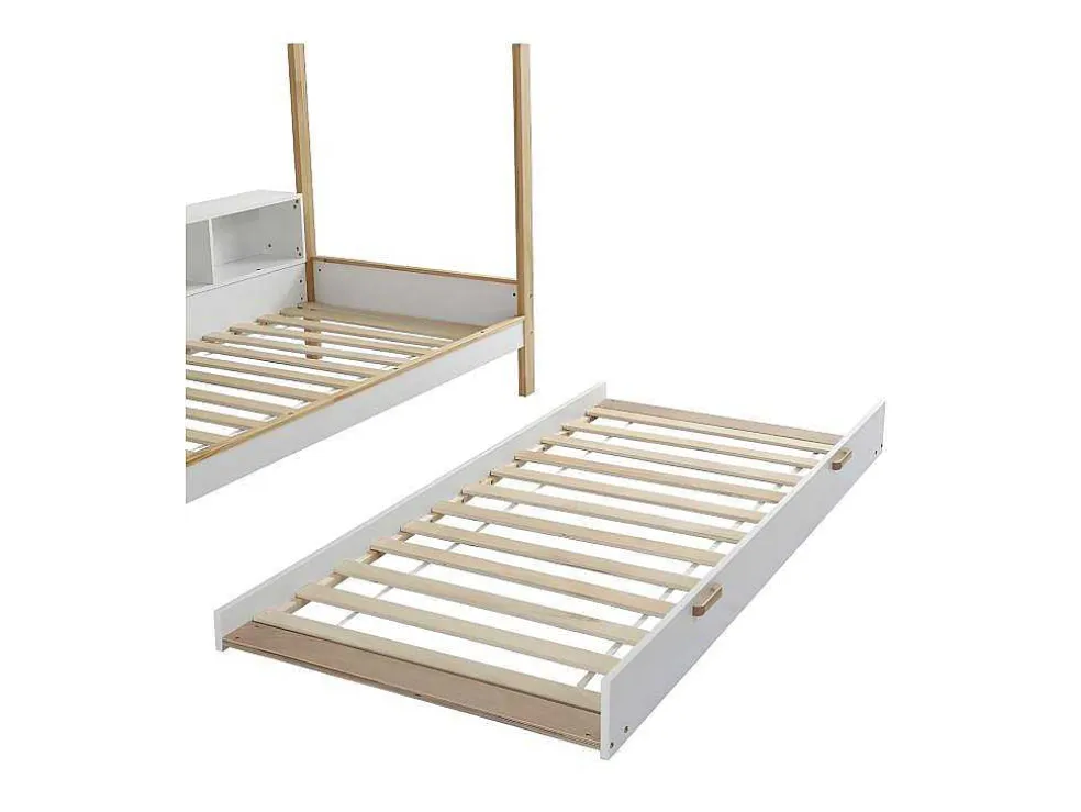 Cabinebed 90X200Cm Met Uitschuifbaar Onderschuifbed 90X190Cm - 4 Planken Op Bed - Structuur Massief Grenen - Wit