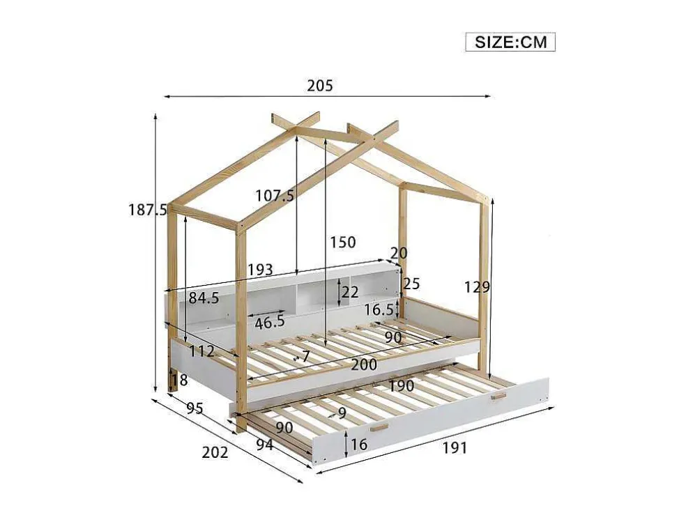 Cabinebed 90X200Cm Met Uitschuifbaar Onderschuifbed 90X190Cm - 4 Planken Op Bed - Structuur Massief Grenen - Wit