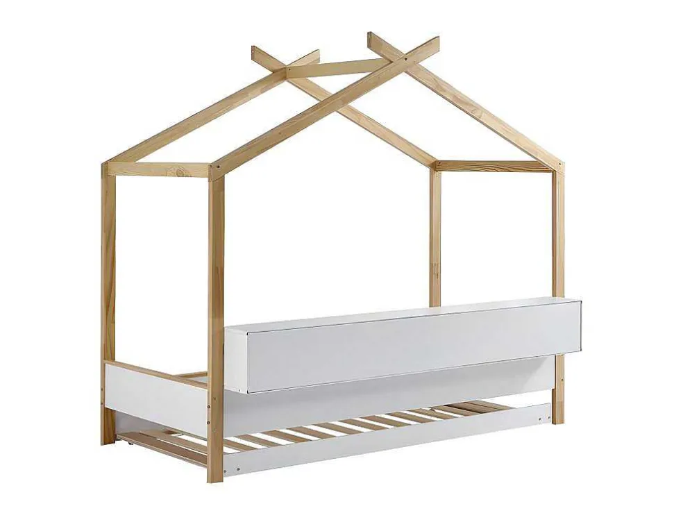 Cabinebed 90X200Cm Met Uitschuifbaar Onderschuifbed 90X190Cm - 4 Planken Op Bed - Structuur Massief Grenen - Wit