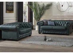 Chesterfield Zitbank 3 + 2 Plaatsen Brenton 100% Buffelleer - Spaans Groen