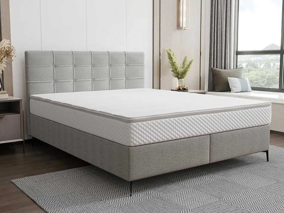 Complete Set Met Boxspring En Gecapitonneerd Hoofdbord + Bedbodem + Matras + Topmatras - 180 X 200 Cm - Stof - Lichtgrijs - Inao Van Ysmee